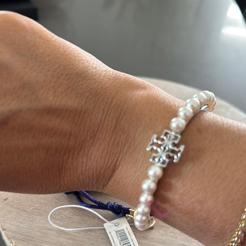 Tory Burch NWT Hinged Elegant Pearl Cuff with Logo Silver Cross w/Dust B…
